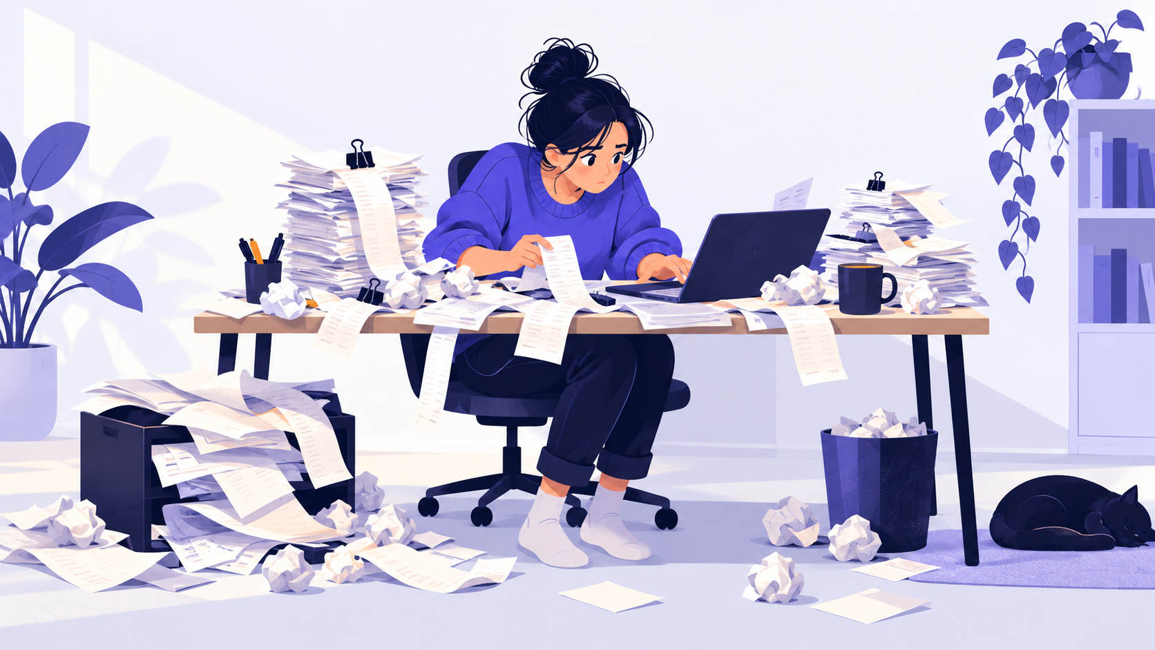 A bookkeeper at a desk buried under stacks of paper invoices and receipts, typing them in one by one.
