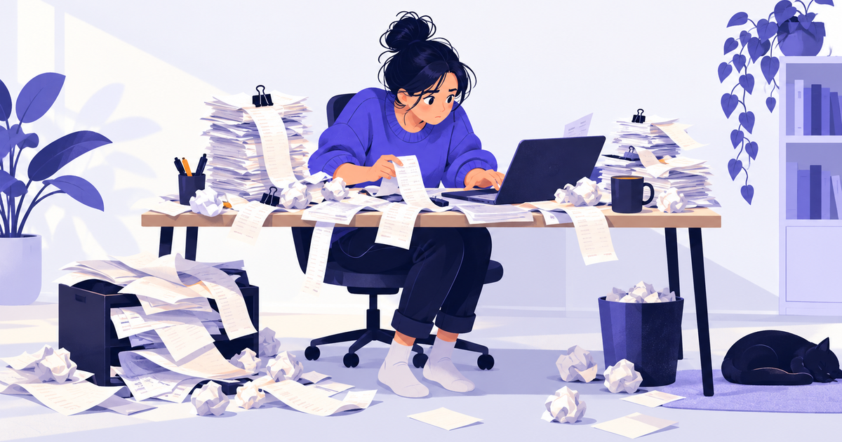 A bookkeeper at a desk buried under stacks of paper invoices and receipts, typing them in one by one.