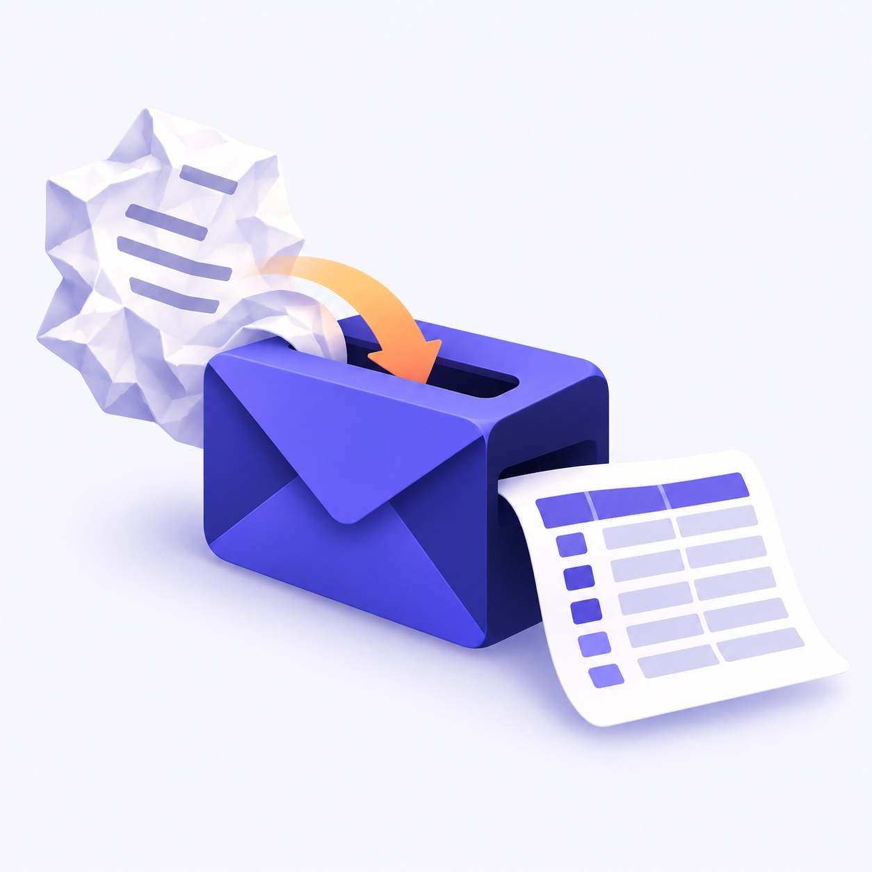 A crumpled invoice passing through an envelope and coming out as a tidy ruled ledger grid.