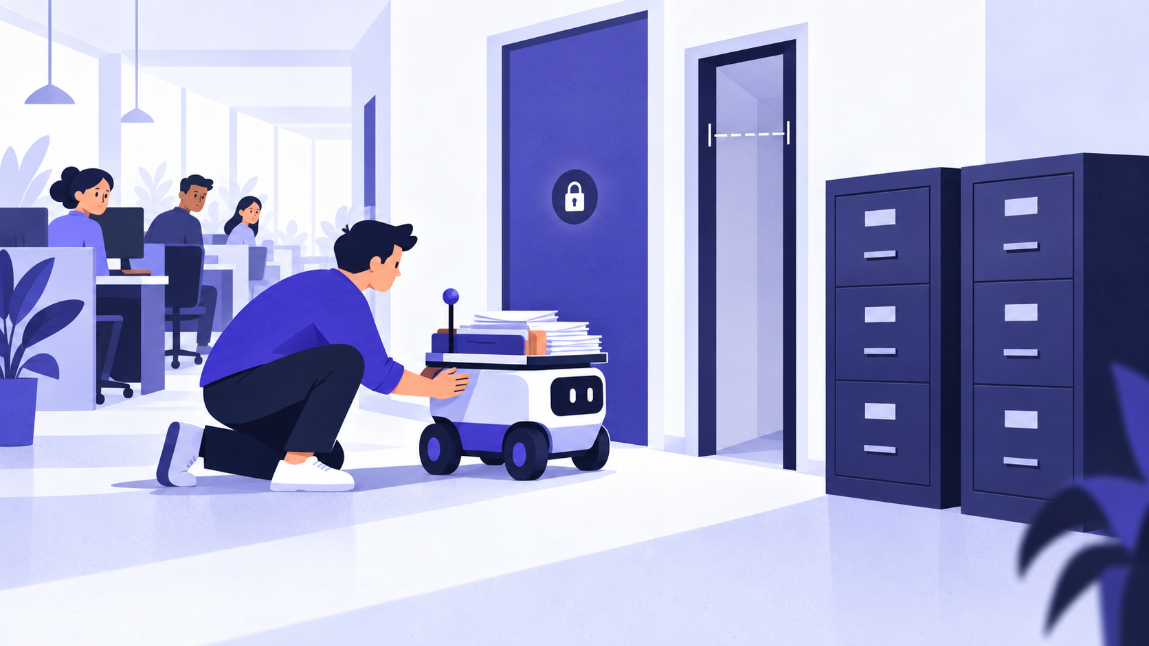 An engineer crouches beside a stalled delivery robot blocked by a locked door, a narrow doorway and identical cabinets.