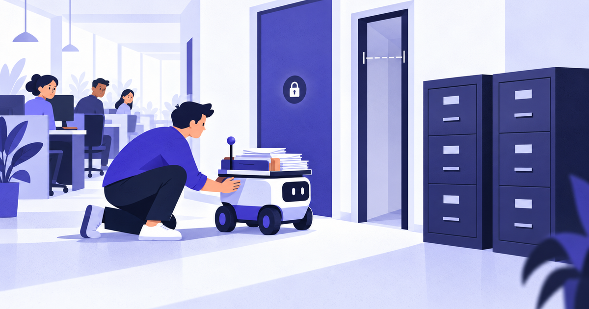 An engineer crouches beside a stalled delivery robot blocked by a locked door, a narrow doorway and identical cabinets.