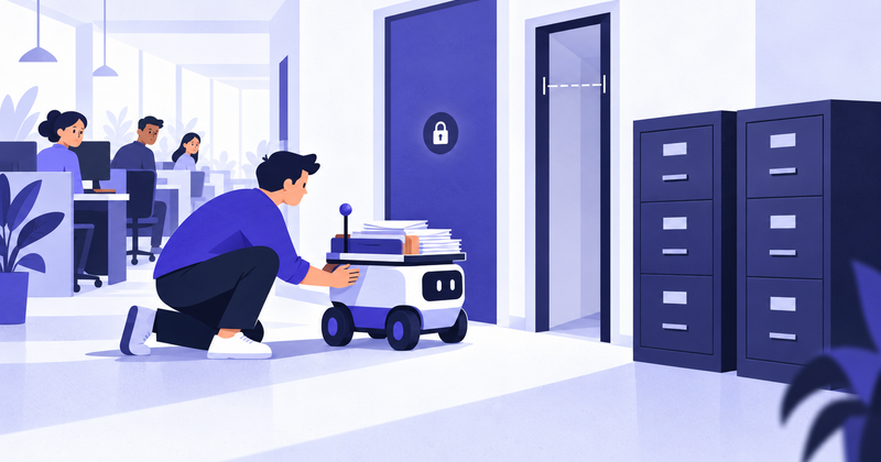 An engineer crouches beside a stalled delivery robot blocked by a locked door, a narrow doorway and identical cabinets.