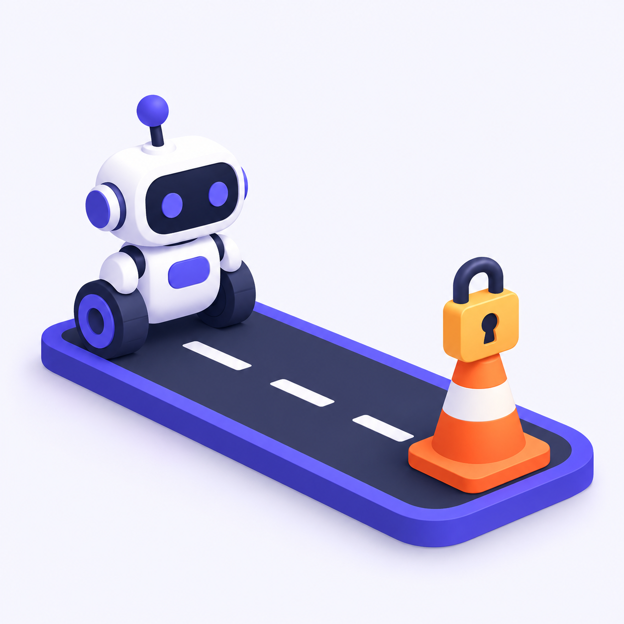 A small robot at the start of a runway, facing a traffic cone topped with a padlock blocking the way ahead.