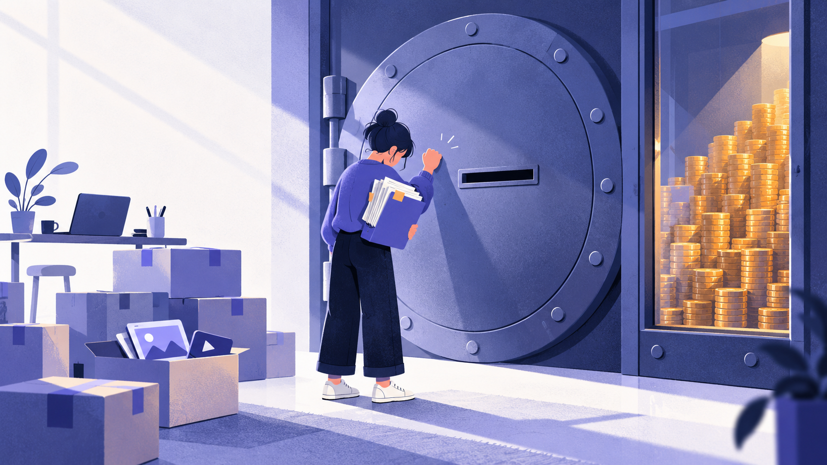 A small online seller with a folder of documents stands before a handleless vault door, coins locked behind glass.
