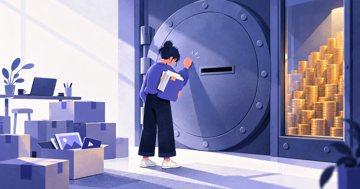 A small online seller with a folder of documents stands before a handleless vault door, coins locked behind glass.