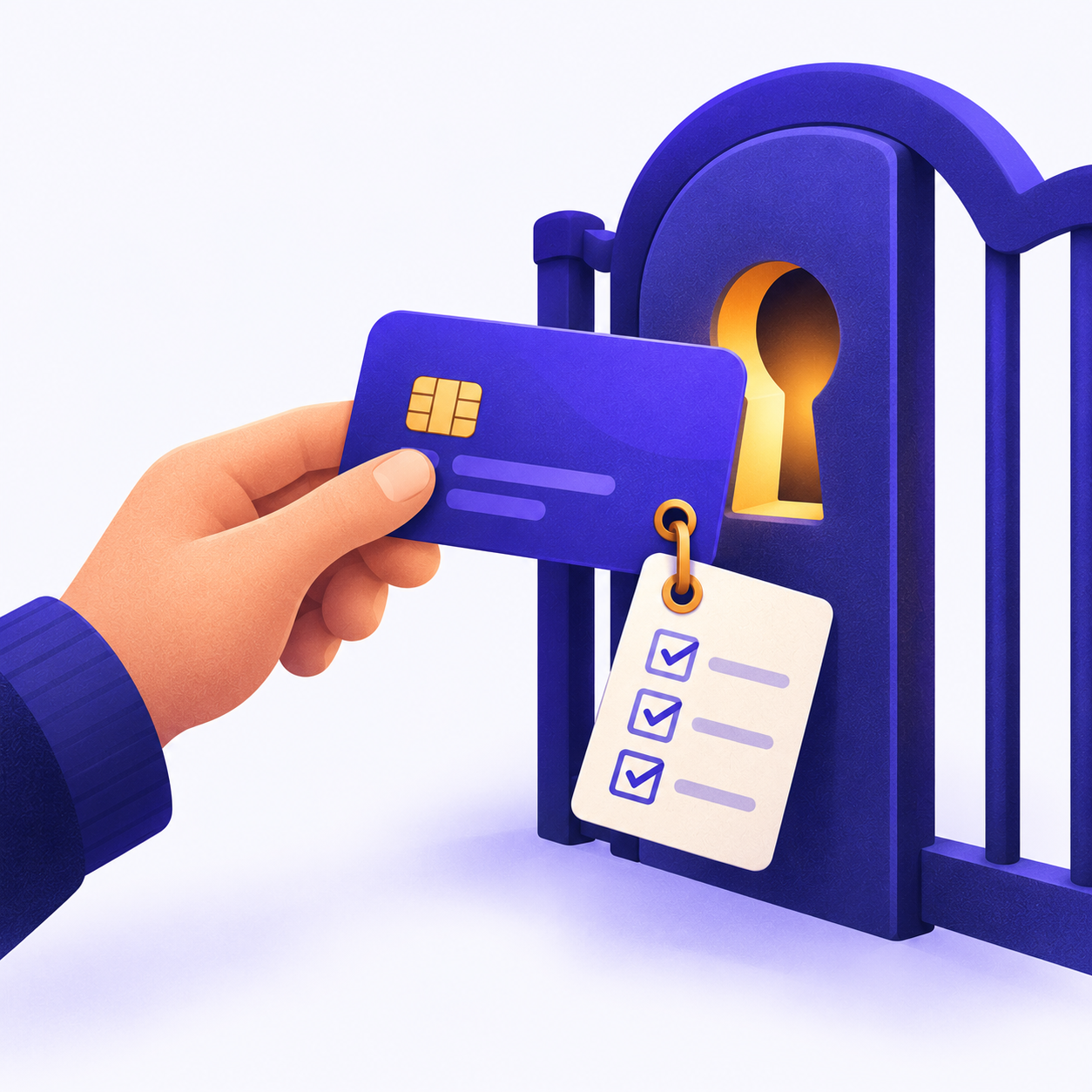 A credit card held before a keyhole-shaped gate, with a small checklist tag hanging from it.
