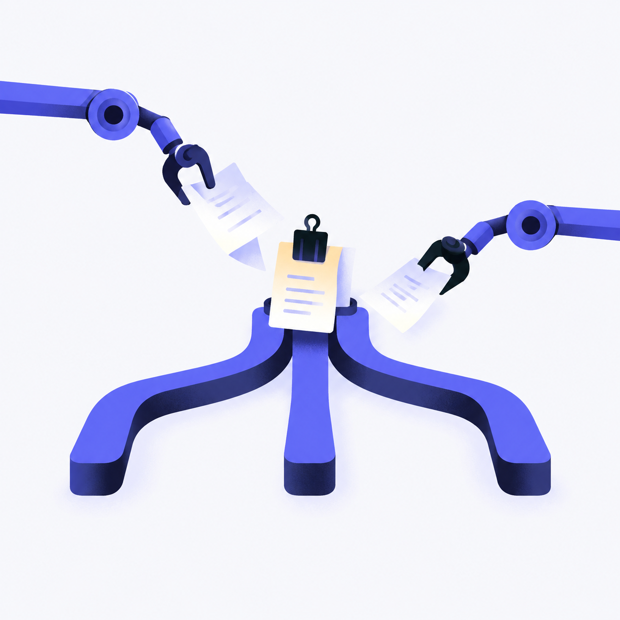 A shared paper note clipped at a three-way branching track, with two robotic claws reaching for it.