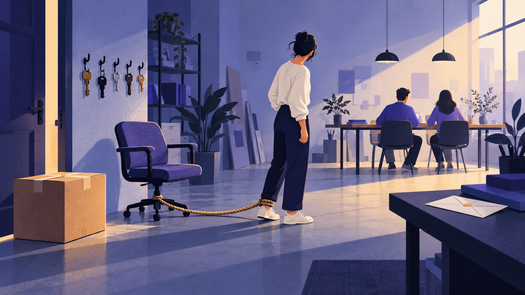 An agency owner tied by a rope to an empty client chair while colleagues start new work behind them.
