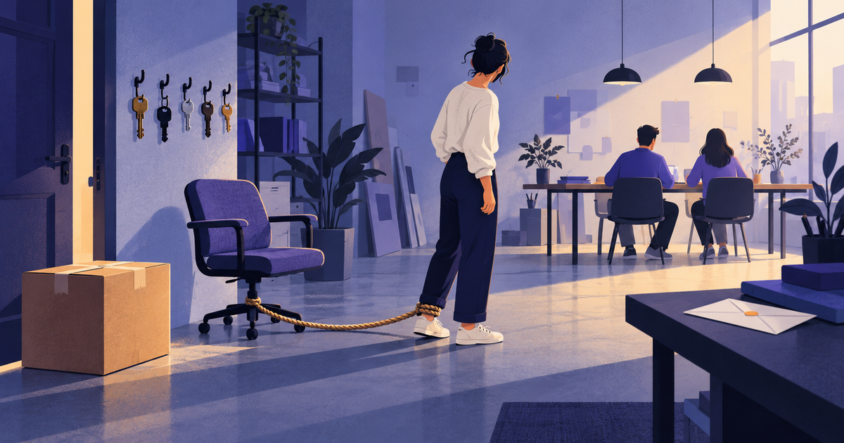 An agency owner tied by a rope to an empty client chair while colleagues start new work behind them.