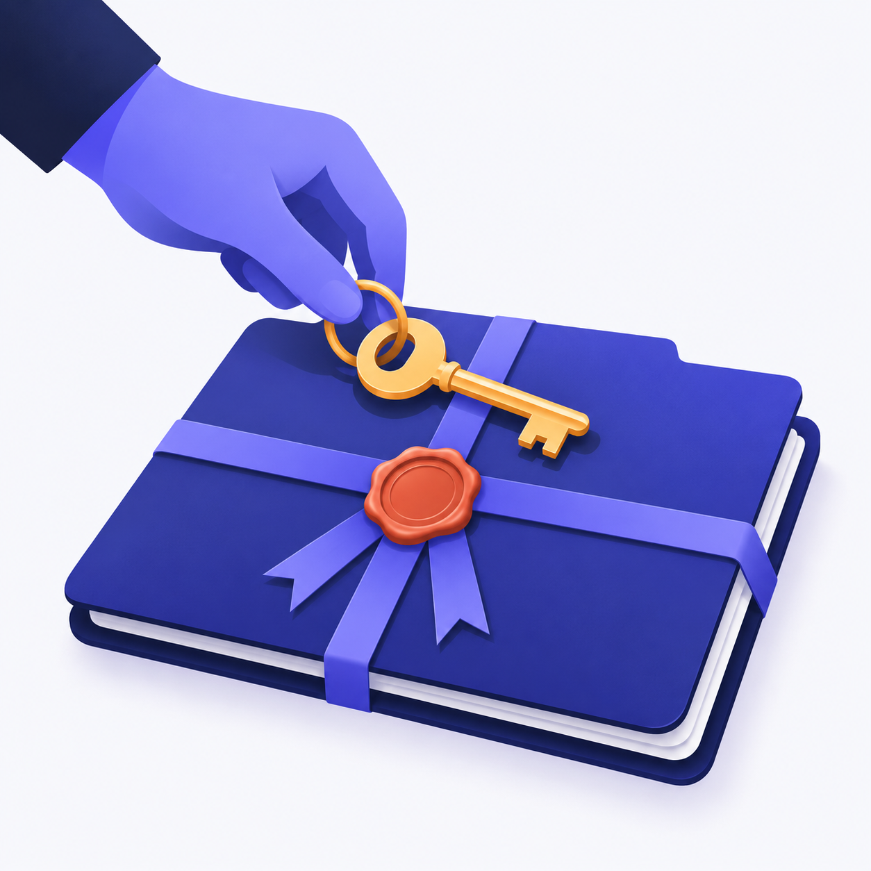 A closed project folder sealed with wax and ribbon, with a returned key resting on top.