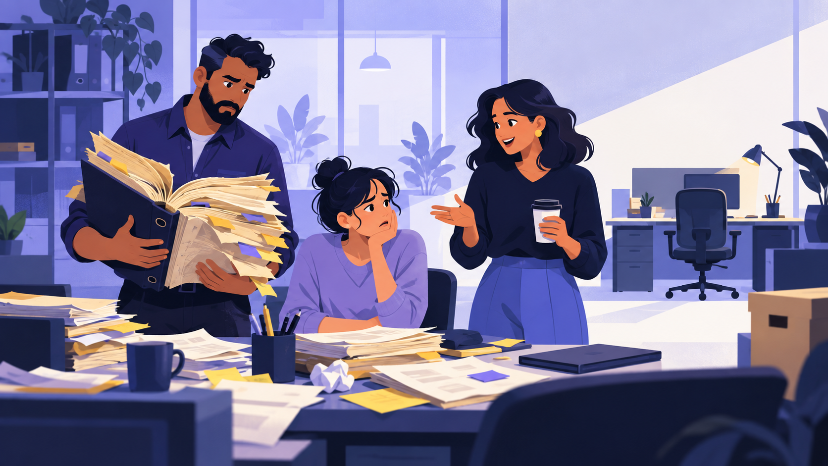 A team lead holds an outdated procedure binder while a new hire asks a colleague instead, beside an empty desk.