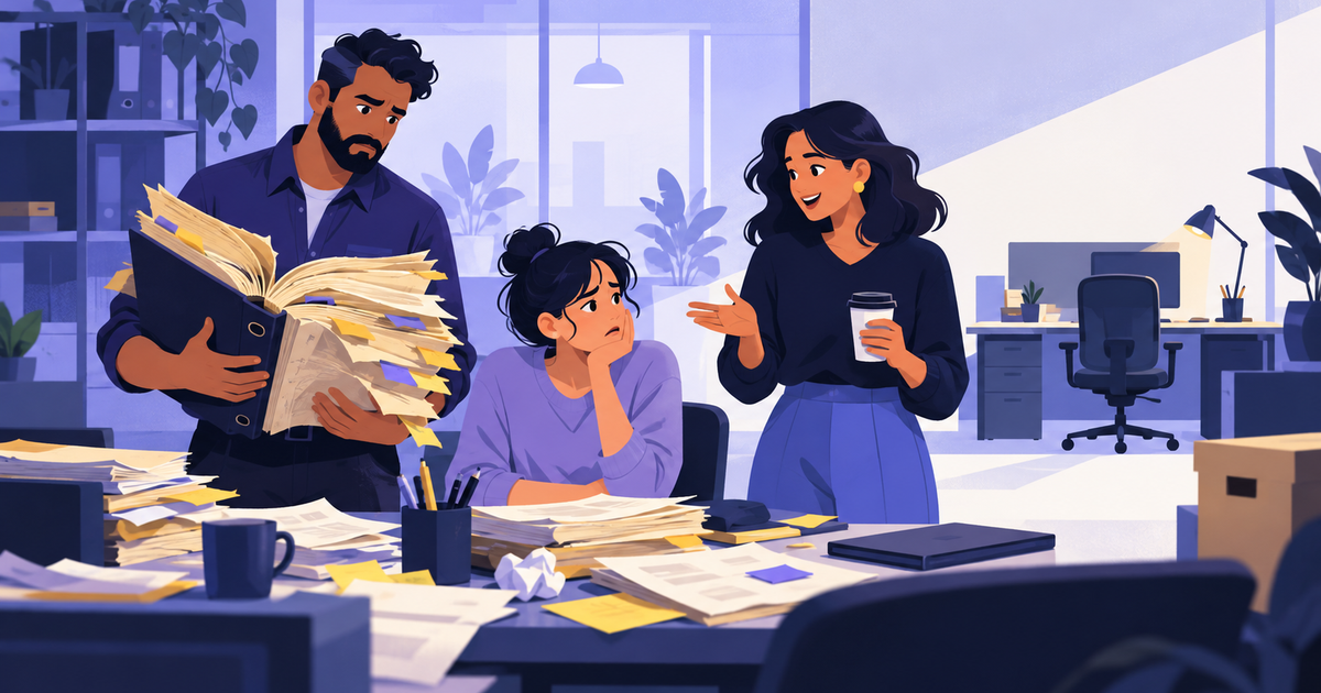 A team lead holds an outdated procedure binder while a new hire asks a colleague instead, beside an empty desk.