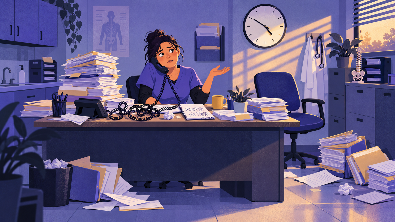 A medical billing clerk on hold at a desk buried under toppling stacks of claim folders and tangled phone cord.