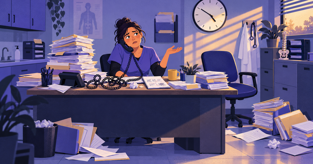 A medical billing clerk on hold at a desk buried under toppling stacks of claim folders and tangled phone cord.