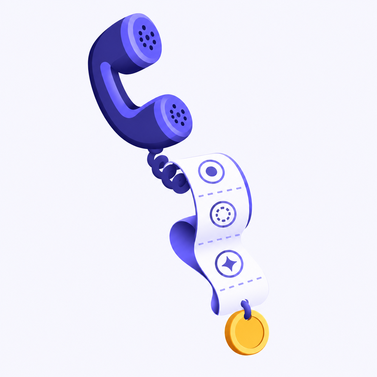 A phone handset whose cord becomes a long receipt tape of date stamps ending in a claim envelope.