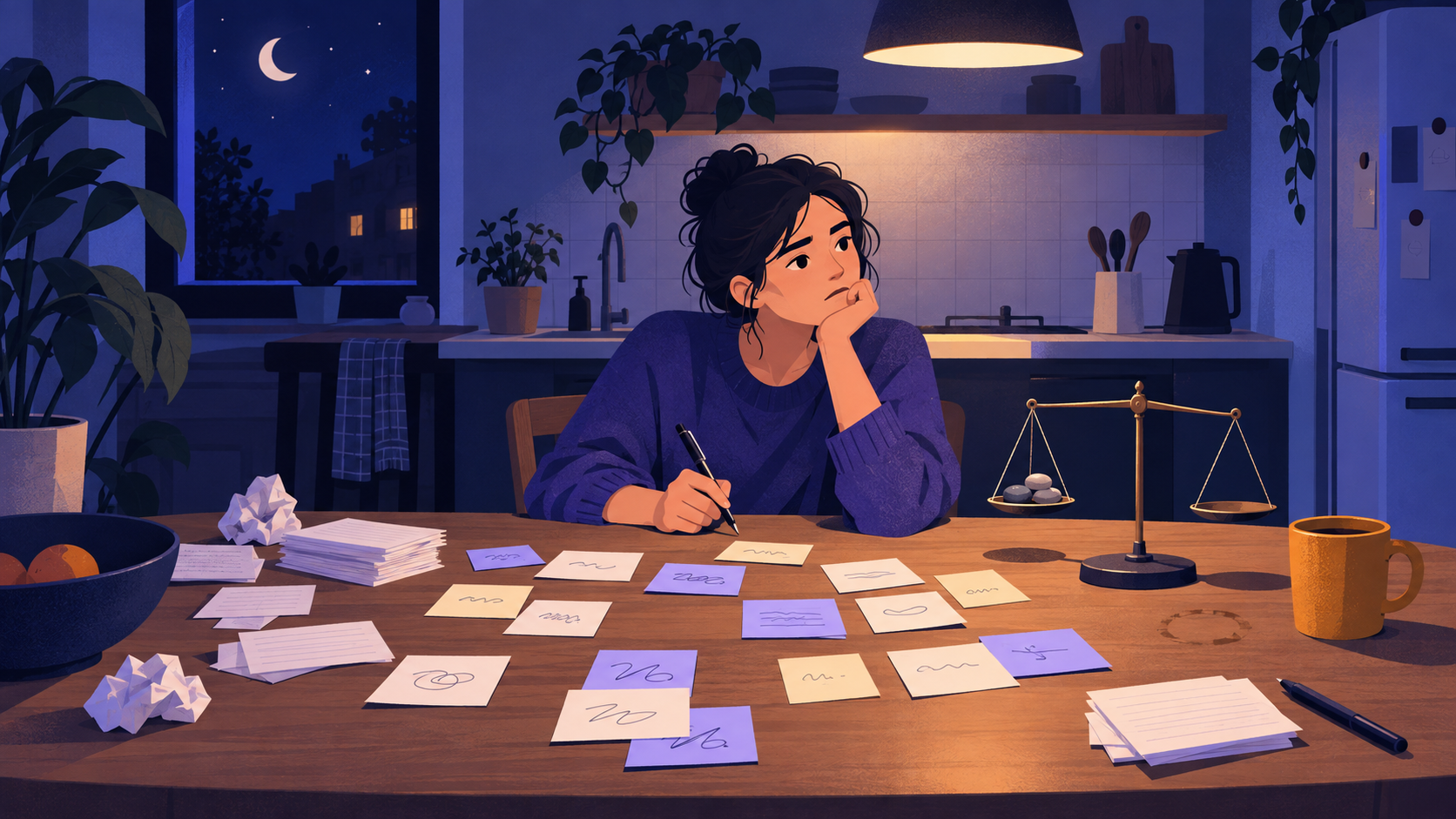 A founder at a kitchen table sorting sticky notes beside tiny scales holding only a few pebbles.