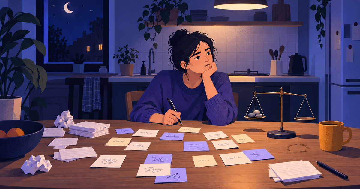 A founder at a kitchen table sorting sticky notes beside tiny scales holding only a few pebbles.