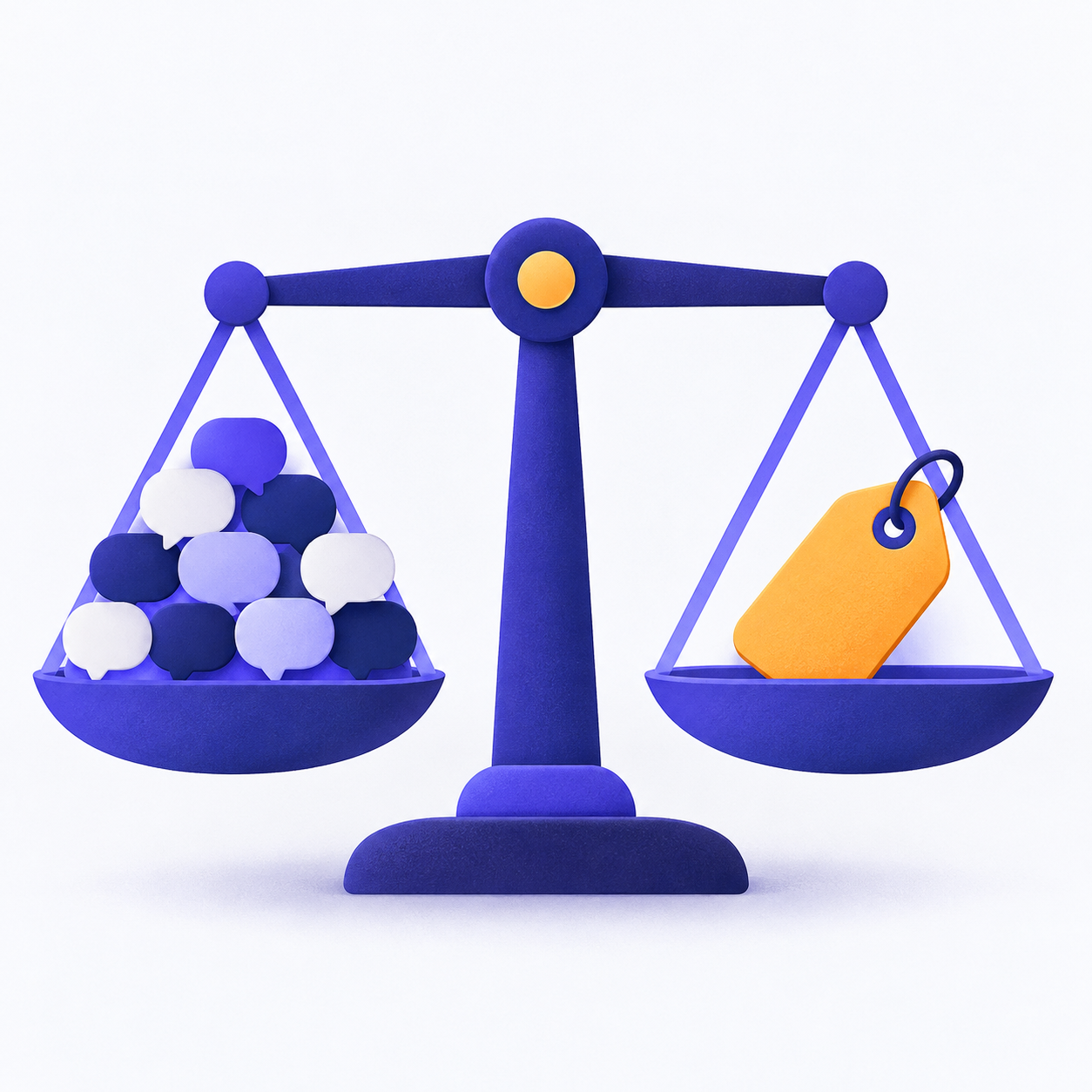 A balance scale weighing ten small speech bubbles against a price tag, perfectly level.