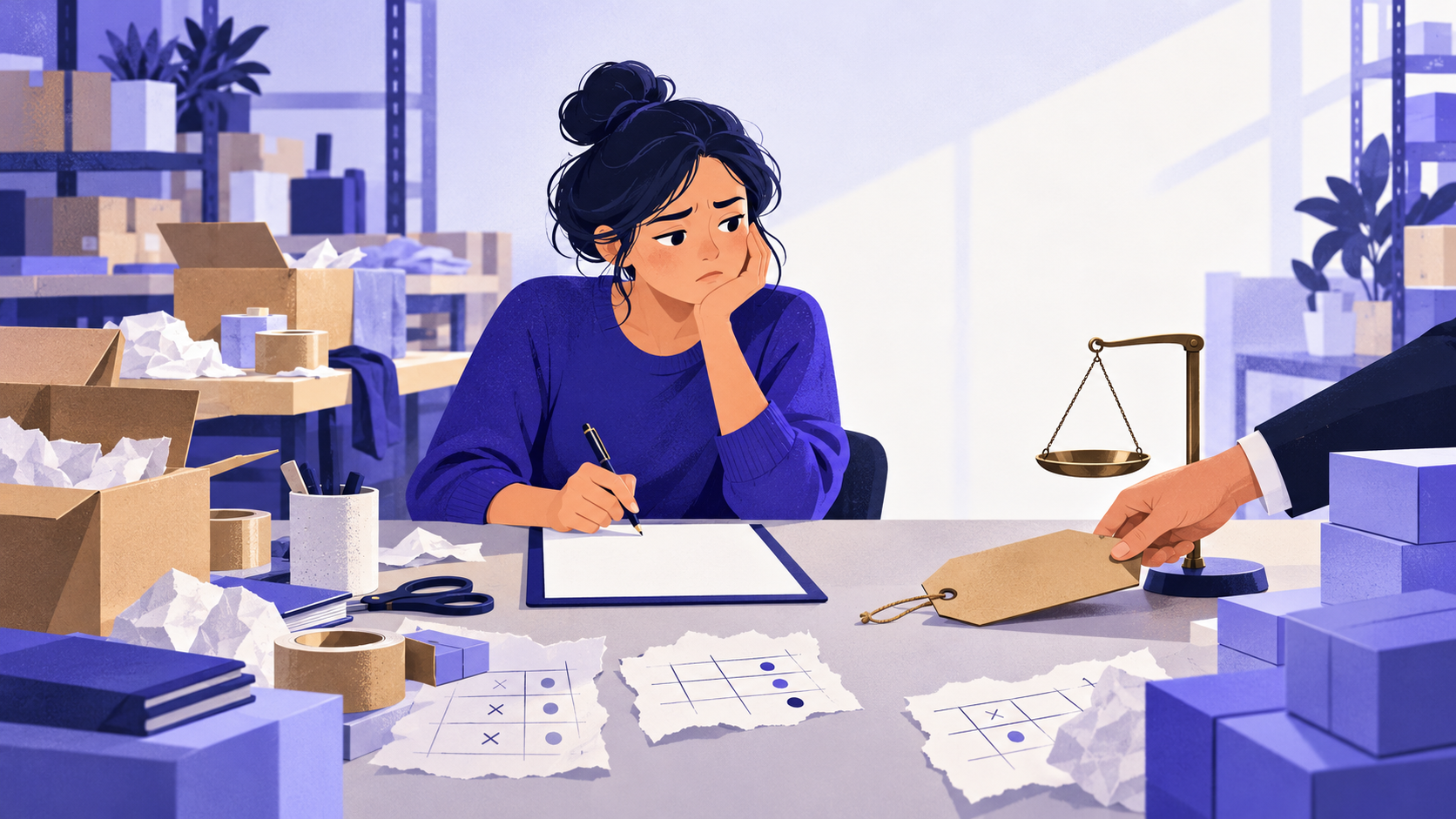 A small business owner hesitates over a contract while a vendor slides a price tag toward her, with no comparison to weigh it against.