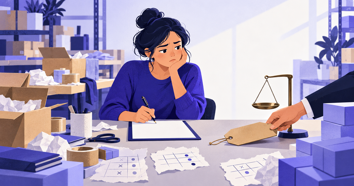 A small business owner hesitates over a contract while a vendor slides a price tag toward her, with no comparison to weigh it against.