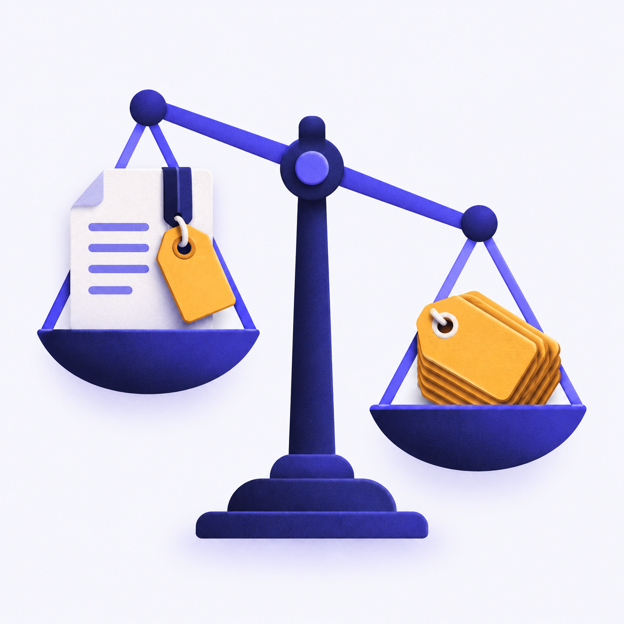 A price tag on a contract sits on one pan of a balance scale, weighed against a stack of other price tags.