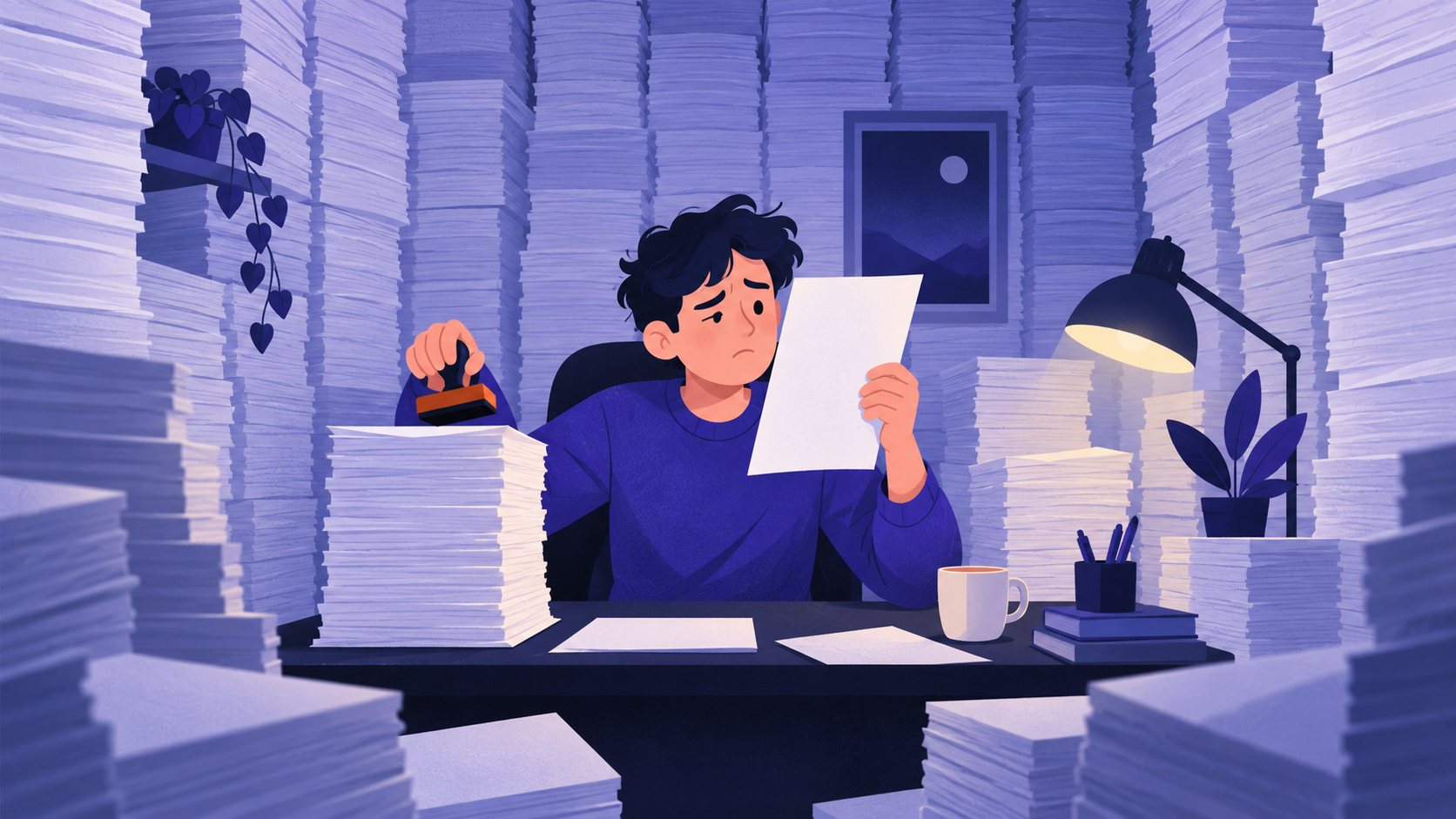 A developer at a desk about to approve a huge stack of pages they clearly can't read, walled in by more stacks.
