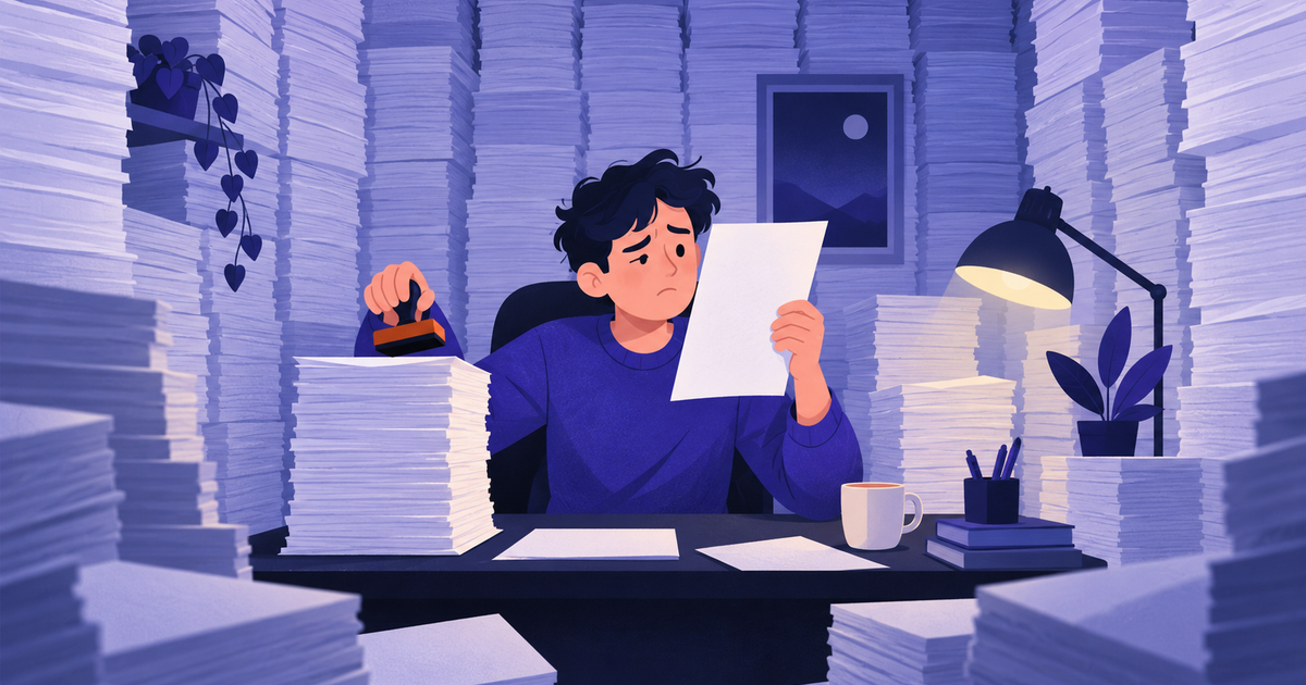 A developer at a desk about to approve a huge stack of pages they clearly can't read, walled in by more stacks.