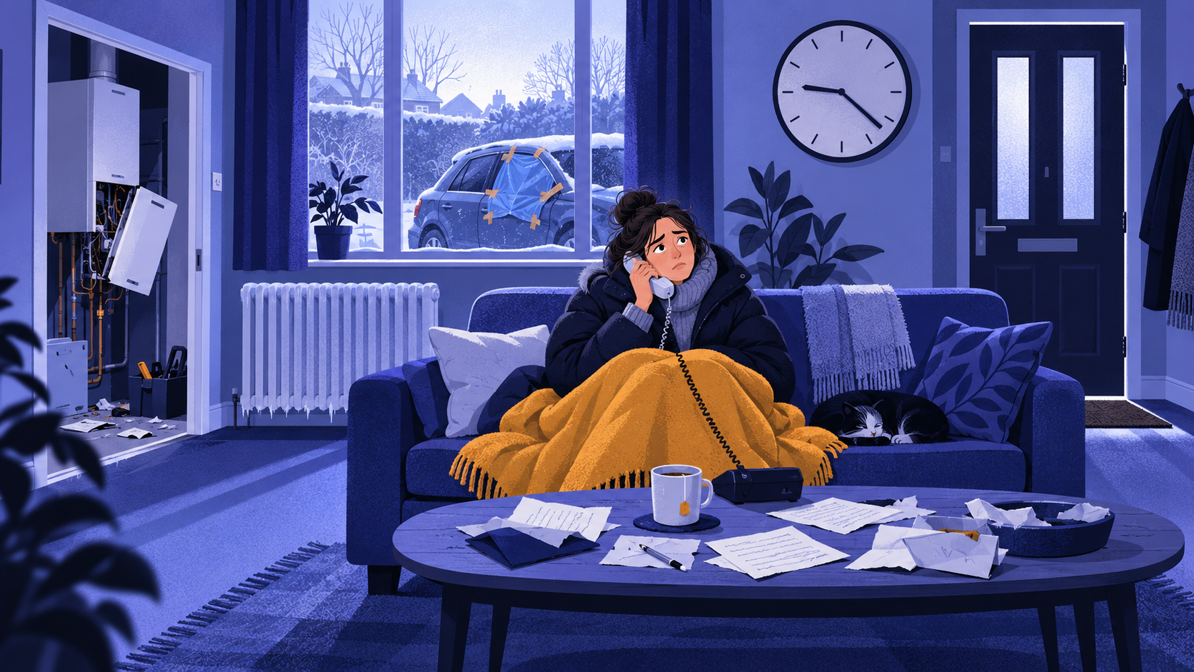 A person in a blanket on a sofa holds a phone, waiting, beside a cold radiator and an open broken boiler.