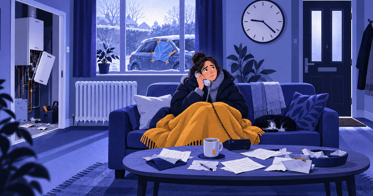 A person in a blanket on a sofa holds a phone, waiting, beside a cold radiator and an open broken boiler.