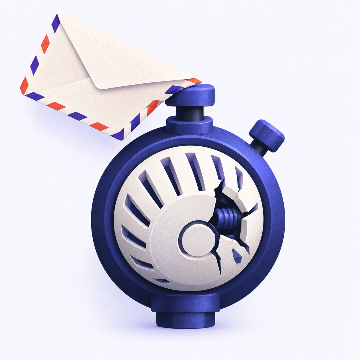 A stopwatch with a broken radiator valve as its face and a sealed letter wedged under its button.