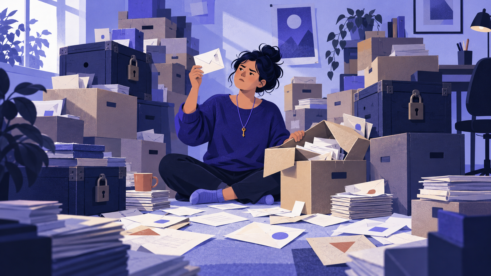 A person on the floor sifting through towering boxes of old letters, holding up one envelope among the spilling piles.