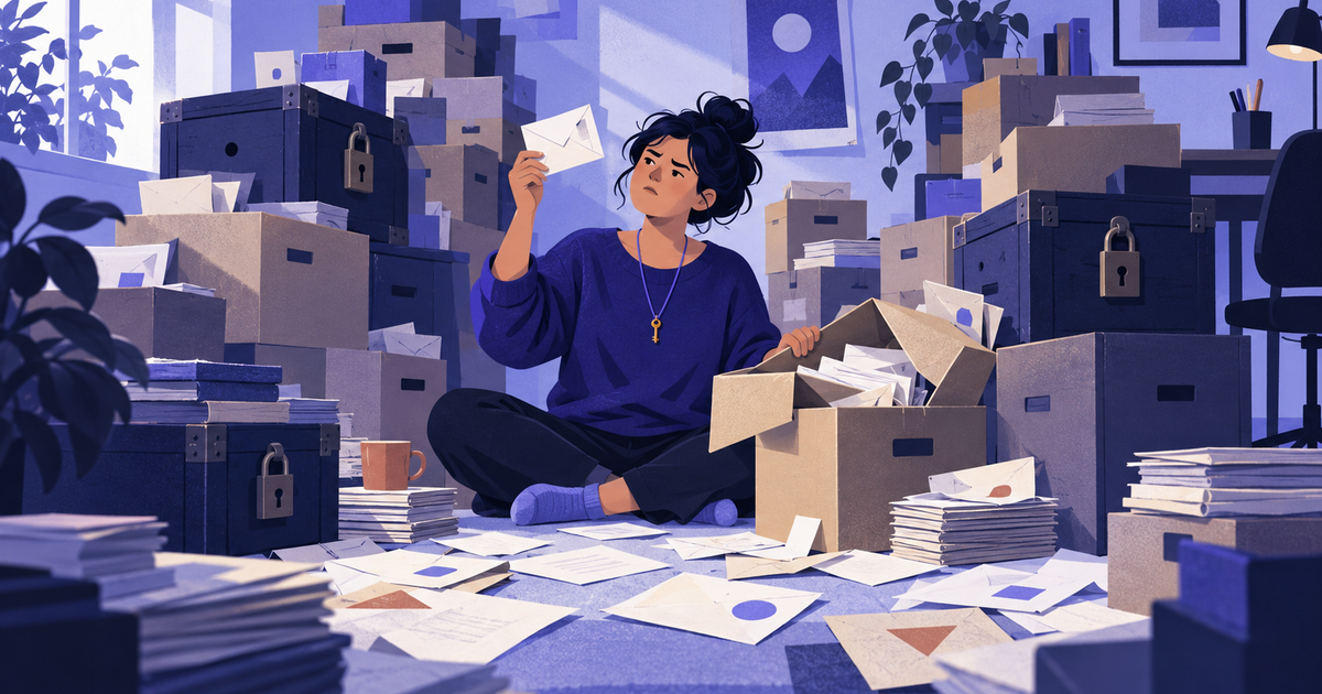 A person on the floor sifting through towering boxes of old letters, holding up one envelope among the spilling piles.