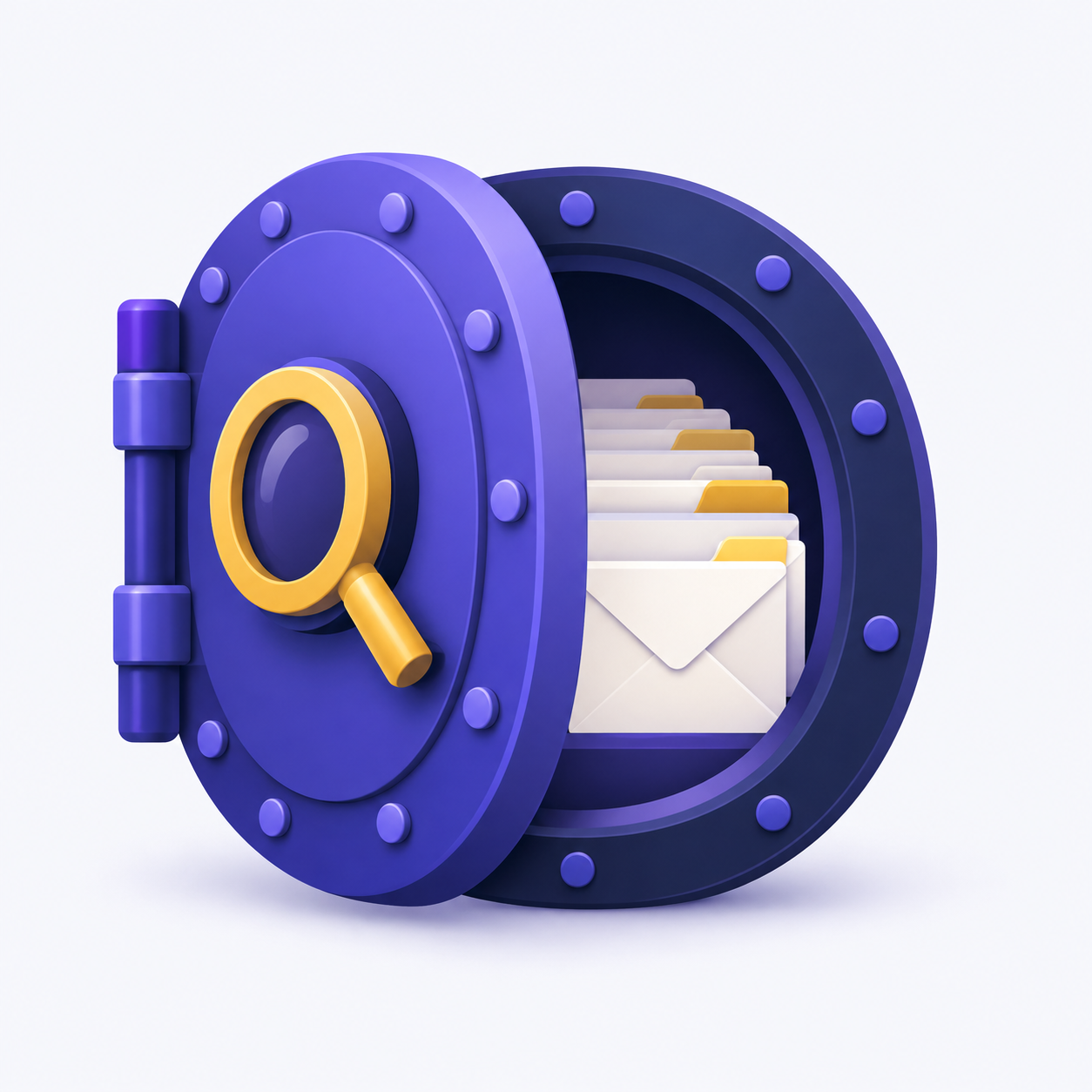 A vault door with a magnifying glass as its handle, opening onto stacked envelopes filed like archives.